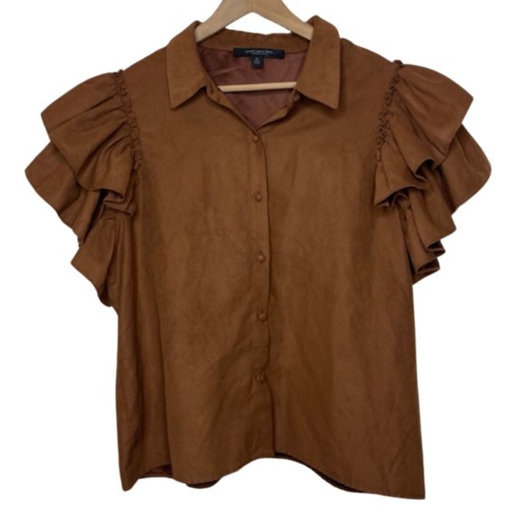 Marc New York Tops - MARC NEW YORK | Ruffle Short Sleeve Button Front Top in Henna | Size XL